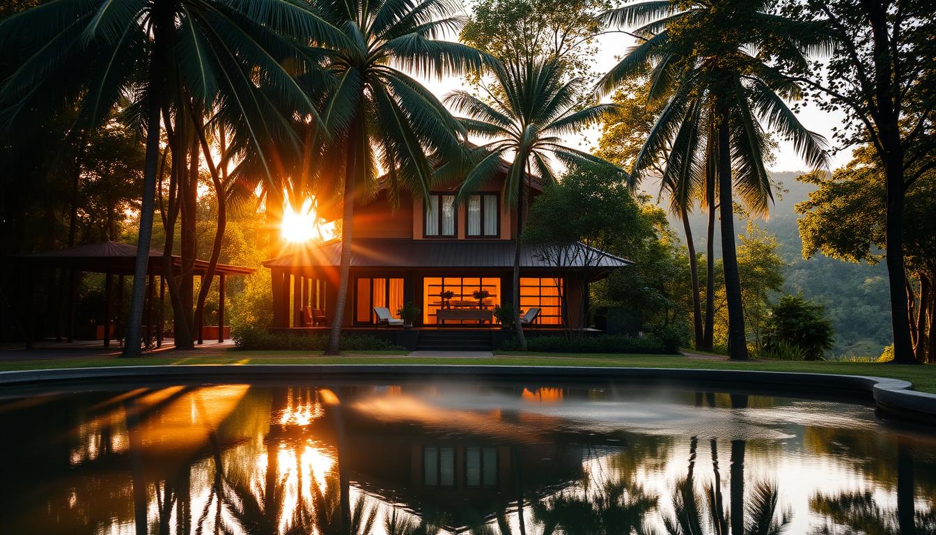 A serene, lush oasis nestled in the heart of Melaka's picturesque countryside. Rimba Hang Kasturi Villa, a luxury nature homestay, exudes an enchanting blend of modern elegance and rustic charm. The image captures the villa's stunning facade, framed by towering palm trees and verdant foliage. In the foreground, a tranquil pond reflects the villa's warm, inviting facade, while the background showcases the rolling hills and distant forests that surround the property. Warm, golden sunlight filters through the canopy, casting a dreamy, soft-focus glow over the scene. The overall atmosphere evokes a sense of peaceful seclusion and upscale, naturalistic hospitality.