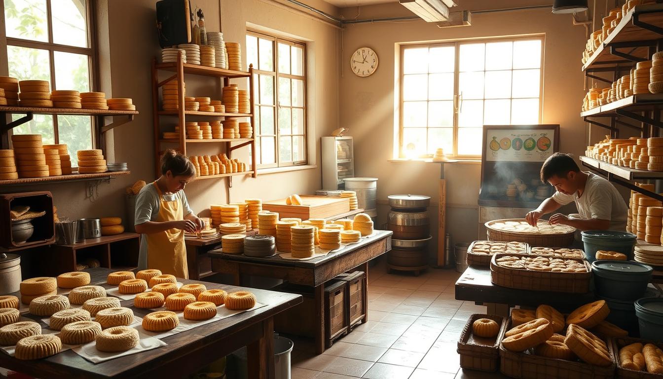 A cozy, sun-lit kueh workshop in Singapore, filled with the aroma of freshly steamed rice cakes. Wooden tables are adorned with an array of intricate molds, while skilled artisans delicately shape the dough and carefully arrange vibrant kueh onto bamboo trays. Shelves along the walls showcase the diverse array of kueh varieties, each with its unique shape, texture, and flavor. Soft natural light filters through large windows, casting a warm glow over the serene workspace. The atmosphere is one of reverence, as the kueh makers ply their craft with precision and care, preserving the traditions of this beloved Singaporean delicacy.