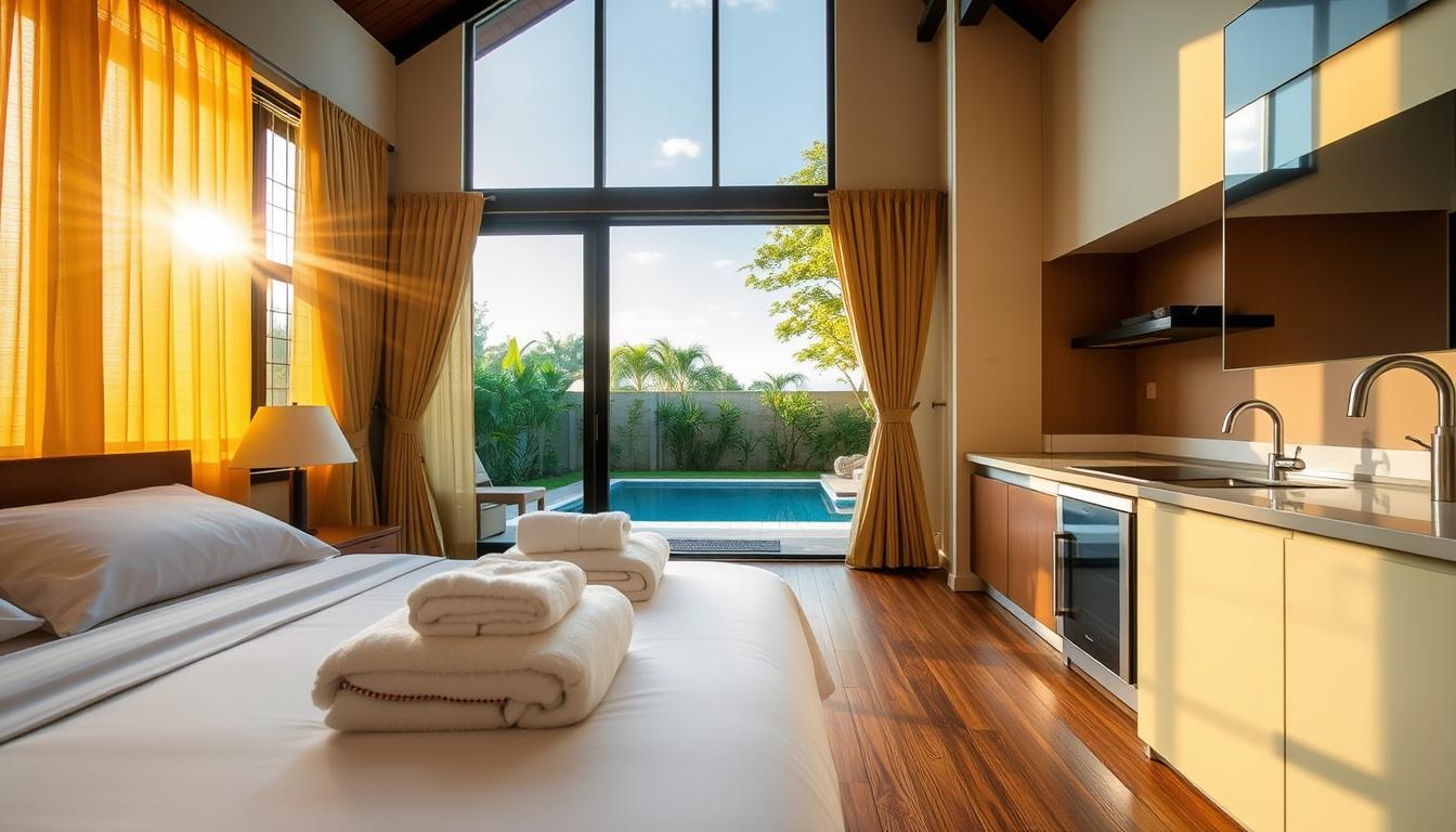 A cozy and inviting Melaka homestay, bathed in warm, golden light streaming through large windows. In the foreground, plush bedding, fluffy towels, and a modern, minimalist en-suite bathroom with sleek fixtures. The middle ground features a well-equipped kitchen with stainless steel appliances and a cozy living area with comfortable seating. In the background, a private outdoor space with a serene swimming pool, surrounded by lush greenery, creating a tranquil and rejuvenating atmosphere. The scene conveys a sense of relaxation, comfort, and pampering, perfect for a getaway in Melaka.