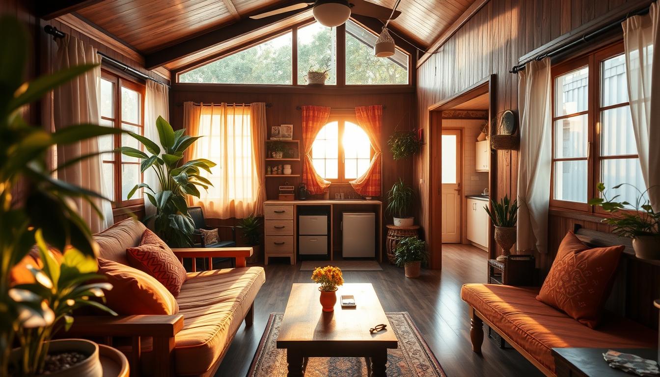 A cozy, budget-friendly homestay in Johor Bahru, bathed in warm, golden light filtering through large windows. The modest yet charming interior features rustic wood furnishings, plush textiles, and lush potted plants, creating a welcoming, homely atmosphere. In the foreground, a well-appointed living area with a comfortable sofa and coffee table, inviting guests to relax. Through an open archway, the kitchen can be glimpsed, with simple yet functional appliances. The overall scene evokes a sense of tranquility and authenticity, perfectly suited for a peaceful, affordable getaway.