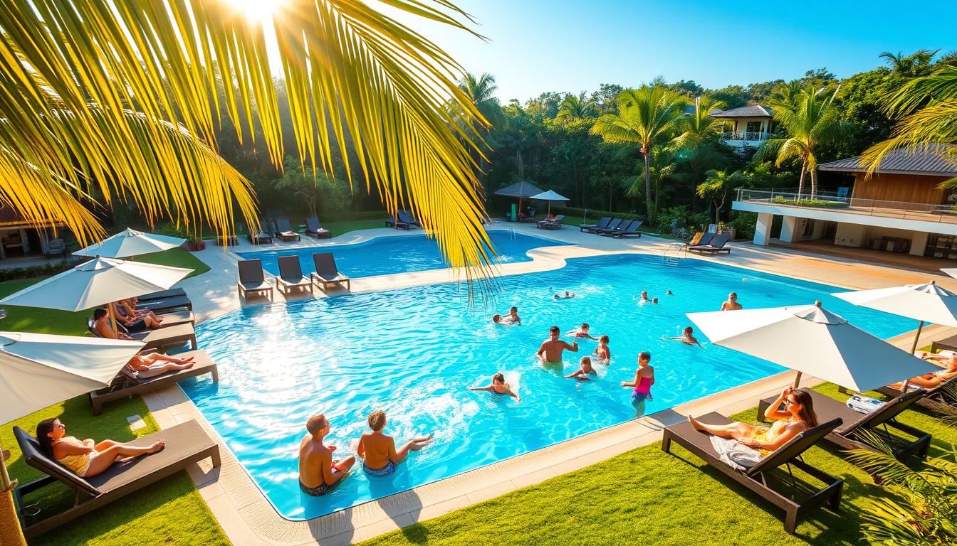 A vibrant family pool area nestled within the lush greenery of Ayer Keroh, Melaka. Warm afternoon sunlight filters through swaying palm fronds, casting a golden glow across the inviting azure waters. Families lounge on plush poolside loungers, children's laughter echoing as they splash and play. Sleek sun umbrellas provide shade, while a well-manicured lawn surrounds the perimeter. In the distance, a modern, stylish poolhouse offers changing facilities and refreshments. The scene exudes a tranquil, resort-like atmosphere, perfect for a relaxing family getaway.