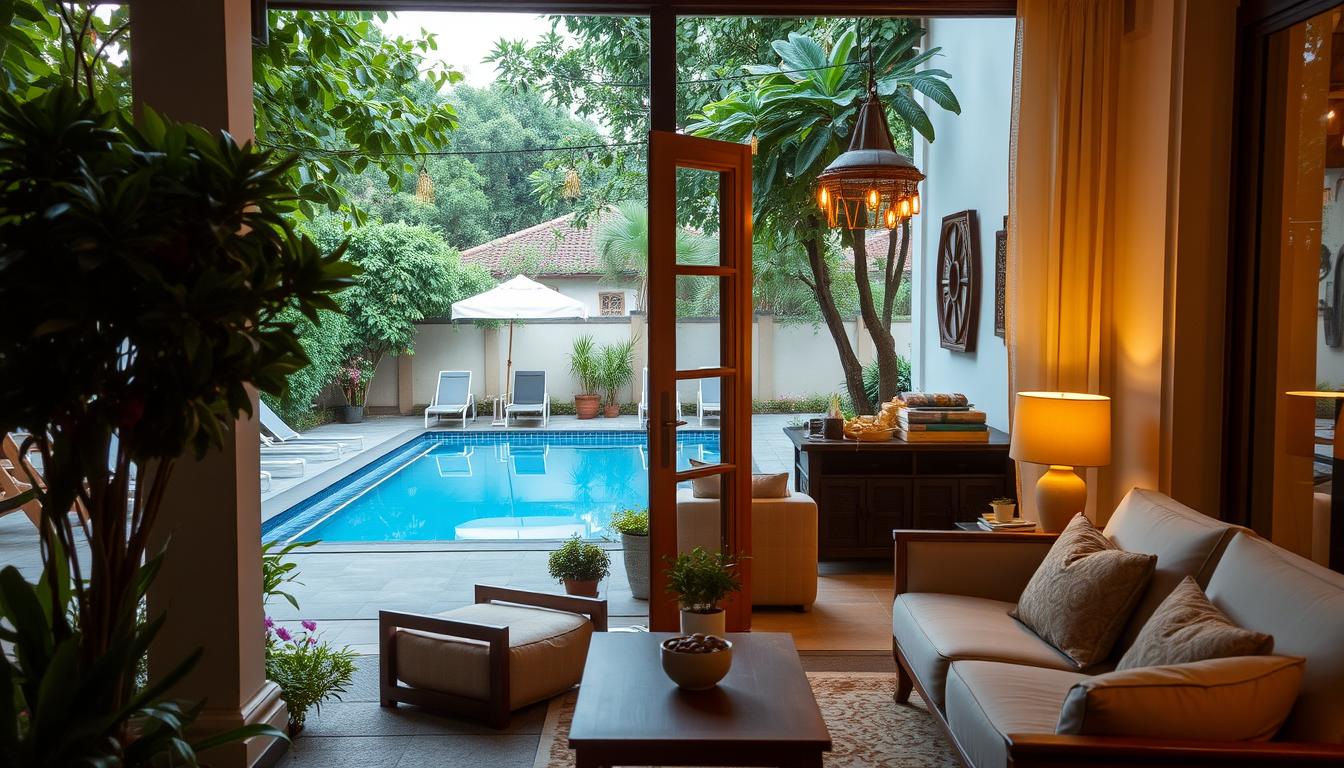 A cozy, family-friendly homestay nestled near the vibrant Jonker Street in Melaka. The exterior features a welcoming porch and lush, verdant foliage, creating a serene oasis. Through the open doorway, a warm and inviting living space comes into view, with plush furnishings and playful decor. In the background, a sparkling swimming pool surrounded by sun loungers, perfect for relaxing and making memories. Warm, diffused lighting casts a gentle glow, capturing the comfort and charm of this picturesque homestay, an ideal base for exploring the rich cultural heritage of Melaka.