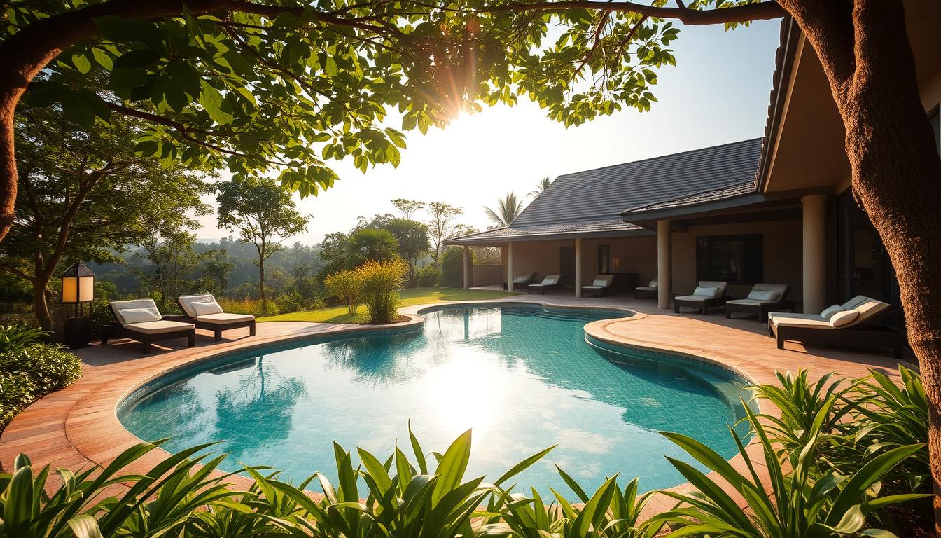 A tranquil villa nestled in the verdant landscapes of Johor Bahru, adorned with a shimmering pool and surrounded by lush foliage. Warm sunlight filters through the canopy, casting a golden glow across the serene scene. Inviting lounge areas and cozy nooks beckon for relaxation, while seasonal discounts entice potential guests. The villa's elegant architecture blends seamlessly with its natural surroundings, creating a harmonious and welcoming atmosphere. A photographer's dream, captured through a wide-angle lens to showcase the villa's charming details and the captivating Johor Bahru scenery beyond.