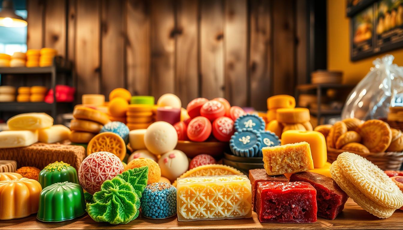 A lively display of traditional Singaporean kueh masterpieces, showcased in a warm, inviting setting. In the foreground, an assortment of vibrant, intricately crafted kueh in various shapes and colors, from the delicate onde-onde to the decadent kueh lapis. Carefully arranged on a wooden table, the kueh are illuminated by soft, natural lighting, highlighting their intricate textures and vibrant hues. In the middle ground, a background of rustic, weathered wooden panels, evoking the nostalgic charm of local bakeries and kueh stalls. The scene exudes a sense of comfort and craftsmanship, inviting the viewer to appreciate the artistry and heritage of these beloved local delicacies.