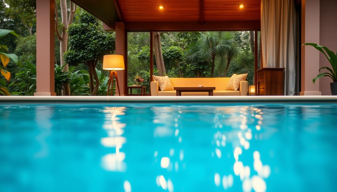 A cozy homestay in Johor Bahru, Malaysia, with a shimmering pool in the foreground. The middle ground features a well-appointed living area with plush furniture and warm lighting, inviting visitors to relax. The background showcases the lush, verdant surroundings, creating a serene and tranquil atmosphere. The image conveys a sense of comfort, hospitality, and the perfect setting for a rejuvenating homestay experience. Soft, diffused lighting gently illuminates the scene, capturing the essence of a welcoming and relaxing Johor Bahru homestay.