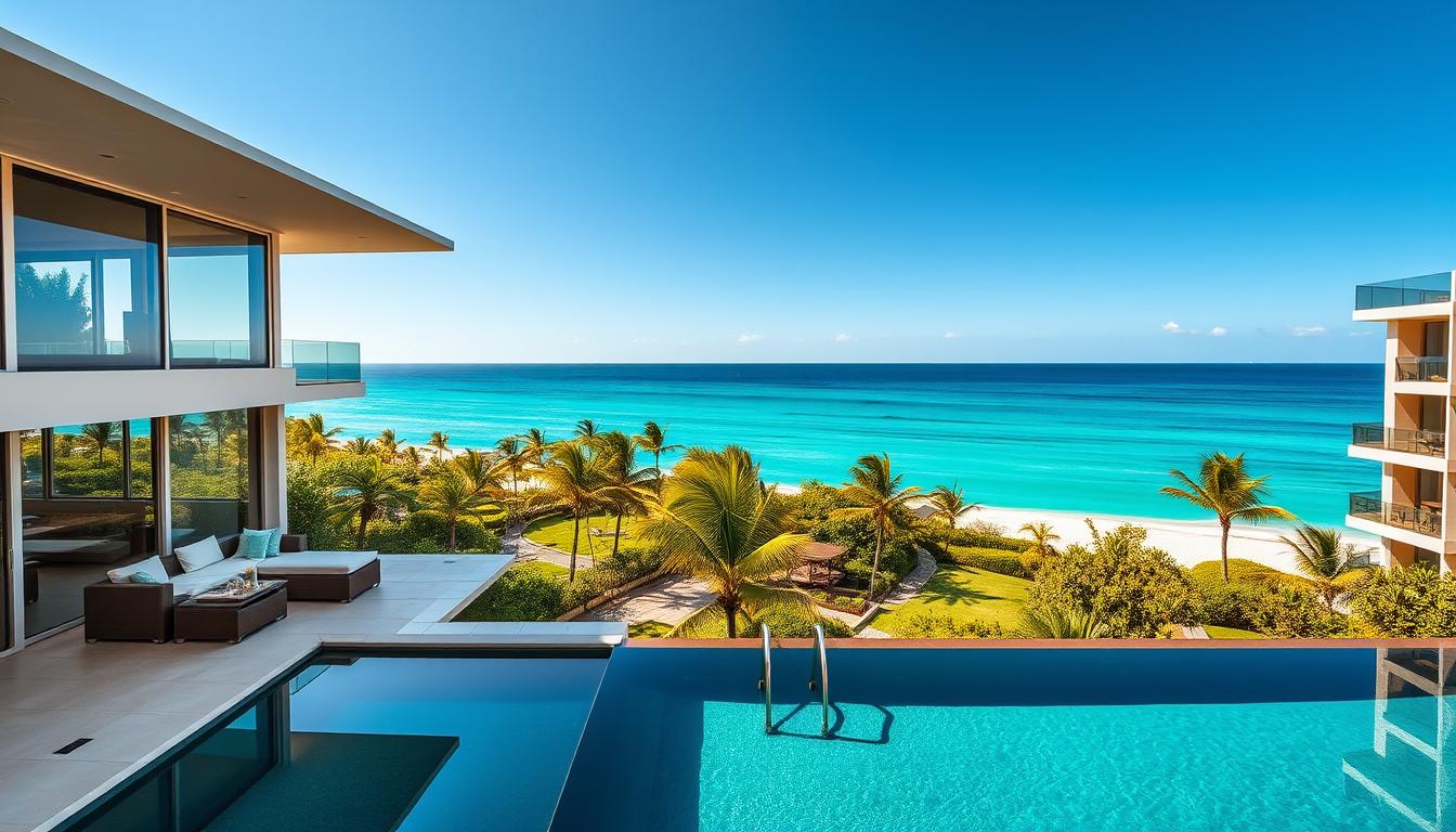 A sprawling luxury beachfront apartment complex, with sleek modern architecture and floor-to-ceiling windows showcasing the stunning ocean vistas beyond. In the foreground, a lavish balcony with plush outdoor furniture and a private infinity pool, inviting guests to soak in the breathtaking seaside panorama. The middle ground features lush, well-manicured tropical gardens, dotted with swaying palm trees. In the background, the crystal-clear azure waters of the open ocean shimmer under the warm, golden glow of the sun, creating a serene and tranquil atmosphere. Crisp, high-contrast lighting accentuates the property's clean lines and elegant design, evoking a sense of refined sophistication and exclusivity.