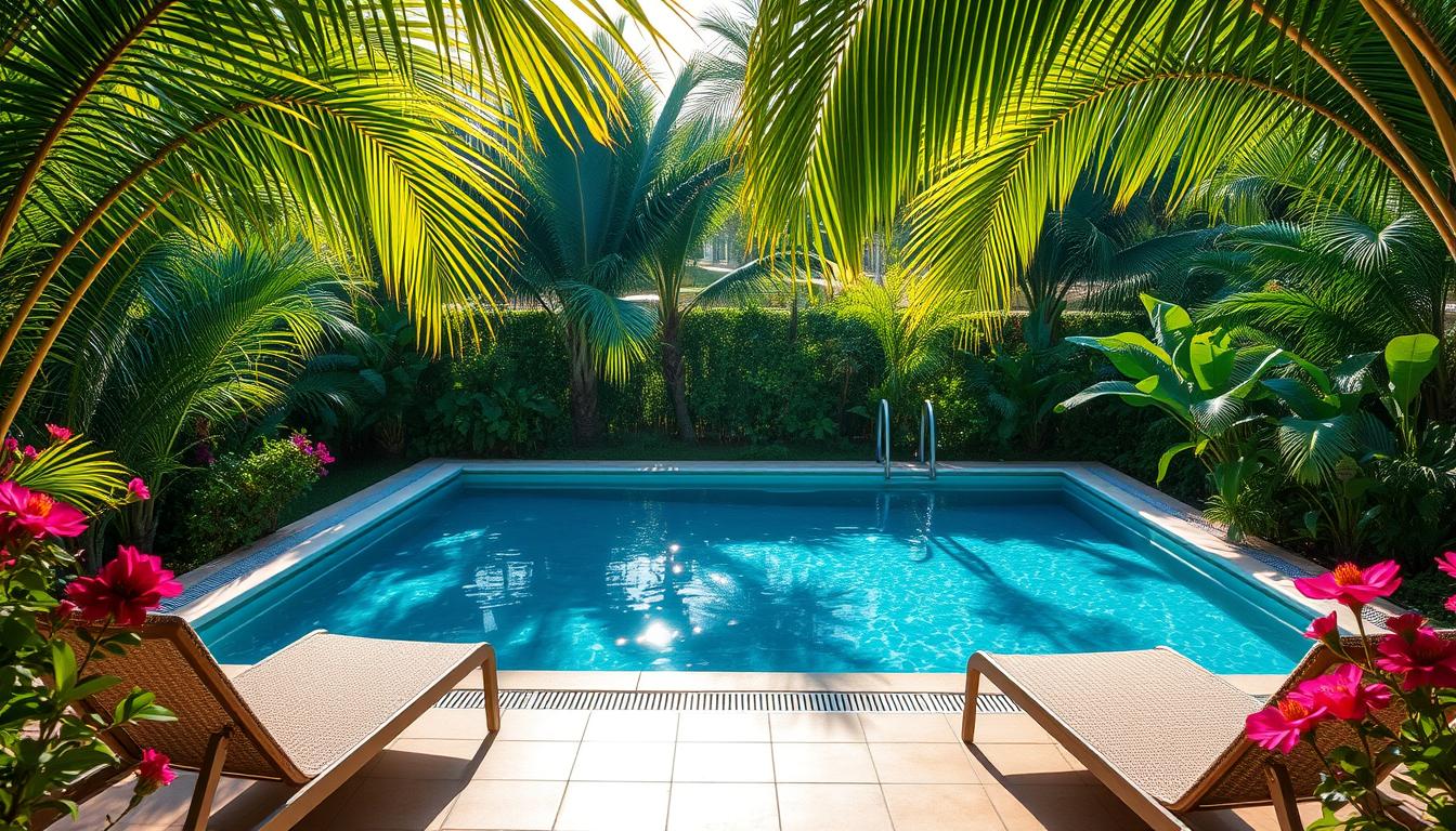 A serene private pool nestled in a lush tropical oasis, with glistening clear waters reflecting the warm sunlight filtering through swaying palm fronds. Inviting poolside lounge chairs and a tiled deck create an idyllic ambiance, perfect for relaxation and rejuvenation. The pool is framed by verdant foliage and fragrant flowers, evoking a sense of tranquility and seclusion. A soft, diffused lighting illuminates the scene, creating a warm and welcoming atmosphere. The perspective is from an elevated angle, capturing the pool's centerpiece status within the beautifully landscaped homestay setting.