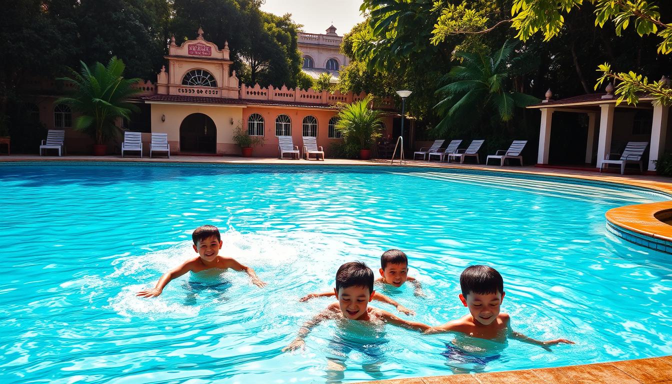 A quaint, budget-friendly kolam renang (swimming pool) nestled in the heart of Melaka, Malaysia. The clear blue waters shimmer under the warm, golden sunlight, inviting visitors to take a refreshing dip. The pool is surrounded by lush, tropical foliage, creating a serene and tranquil atmosphere. In the foreground, a group of children play and splash, their laughter echoing through the air. The middle ground features a simple, yet well-maintained poolside area with a few lounge chairs, perfect for relaxing and soaking up the sun. In the background, the iconic architecture of Melaka's historic district can be seen, adding a touch of cultural charm to the scene. The overall mood is one of relaxation, family-friendly fun, and a sense of affordable, accessible luxury.