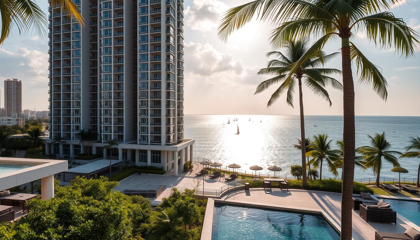 A sprawling luxury apartment complex nestled along the pristine shores of Johor Bahru, Malaysia. Elegant high-rise towers with panoramic views of the shimmering sea, framed by lush tropical greenery. In the foreground, a spacious balcony overlooking the tranquil waters, complete with plush outdoor furniture and a private pool. Mid-ground showcases the sleek, modern architecture and manicured landscaping. In the background, the horizon is dotted with sailboats and palm trees swaying gently in the warm coastal breeze. Soft, natural lighting illuminates the scene, creating a serene and inviting atmosphere. This is the essence of refined beachfront living at R&F Princess Cove View Residences.