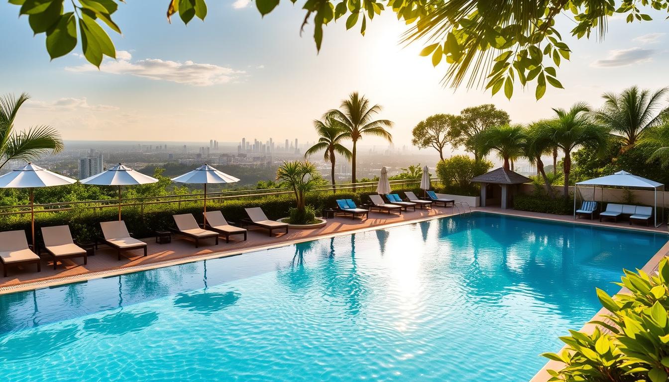 A serene, sun-drenched poolside scene in the heart of Johor Bahru, surrounded by lush, tropical greenery. In the foreground, a sparkling, turquoise pool with inviting, lounging chairs and umbrellas along the edges. In the middle ground, a beautifully landscaped outdoor living area with comfortable seating and a well-appointed cabana. In the background, a panoramic view of the city skyline, bathed in warm, golden light. The overall atmosphere is one of tranquility and relaxation, perfect for a rejuvenating getaway.