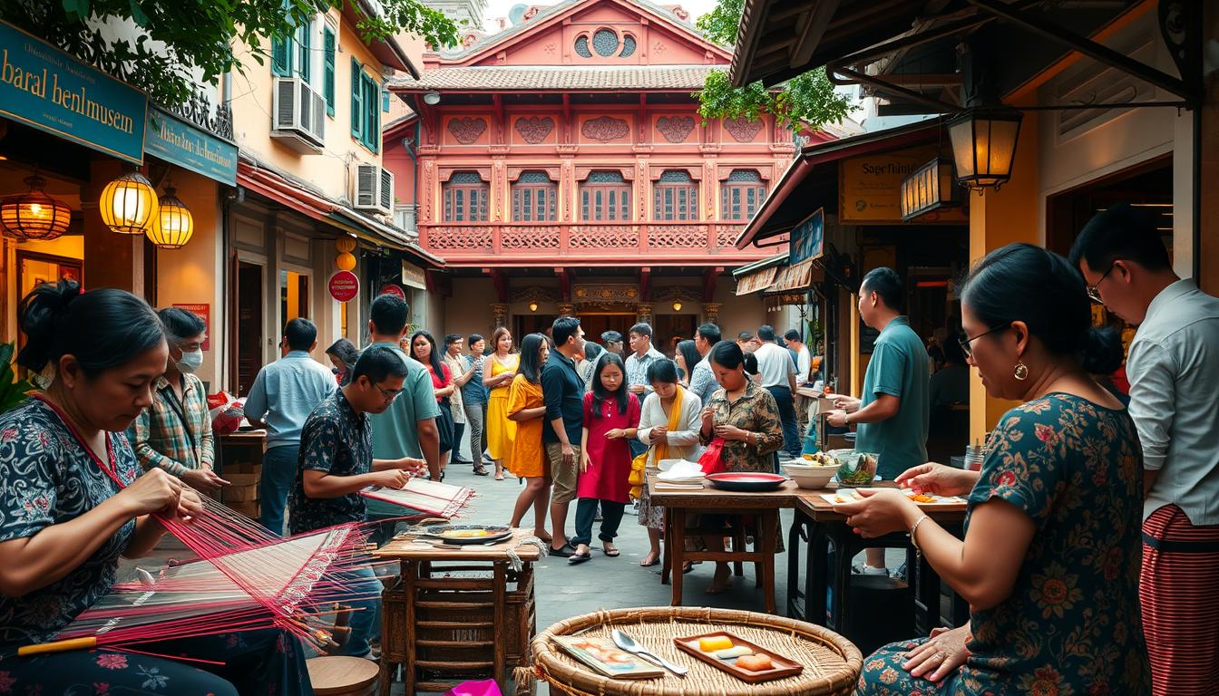 A bustling street scene in the heart of Bandar Hilir, Melaka, showcasing the vibrant cultural immersion activities. In the foreground, local artisans demonstrate traditional handicrafts, their deft hands weaving intricate batik patterns. In the middle ground, a group of visitors eagerly participate in a cooking class, learning to prepare authentic Peranakan cuisine. In the background, the iconic Baba Nyonya Heritage Museum stands tall, its ornate facade a testament to the rich cultural heritage of the region. Warm, diffused lighting illuminates the scene, creating a welcoming and immersive atmosphere. The composition captures the essence of cultural exploration, inviting the viewer to step into the vibrant tapestry of Melaka's living traditions.