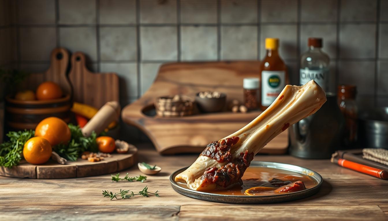A rustic kitchen counter, illuminated by soft natural light, showcases an assortment of knuckle bone recipes. In the foreground, a thick, juicy beef knuckle bone simmers in a rich, savory broth, its gelatinous texture and golden hue enticing the senses. Surrounding the centerpiece are various accompaniments, such as fragrant herbs, roasted vegetables, and a crusty loaf of bread, all working in harmony to create a hearty, comforting scene. The middle ground features a weathered wooden board, upon which rest carefully arranged ingredients, including spices, seasonings, and a selection of traditional Asian condiments, hinting at the diverse culinary applications of this versatile cut of meat. In the background, a muted, earthy palette sets the stage, evoking a sense of rustic, homespun charm.