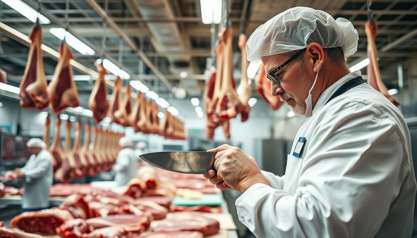 A well-lit, industrial-style meat processing facility for beef knuckle. In the foreground, a skilled butcher carefully trims and cuts the knuckle using a sharp, gleaming cleaver. Midground shows the orderly flow of the process, with hanging beef carcasses and workers in white coats and hairnets. The background reveals the expansive space, with high ceilings, stainless steel equipment, and bright overhead lighting that creates a clean, hygienic atmosphere. The scene conveys efficiency, attention to detail, and the expertise required to properly prepare the beef knuckle for culinary use.