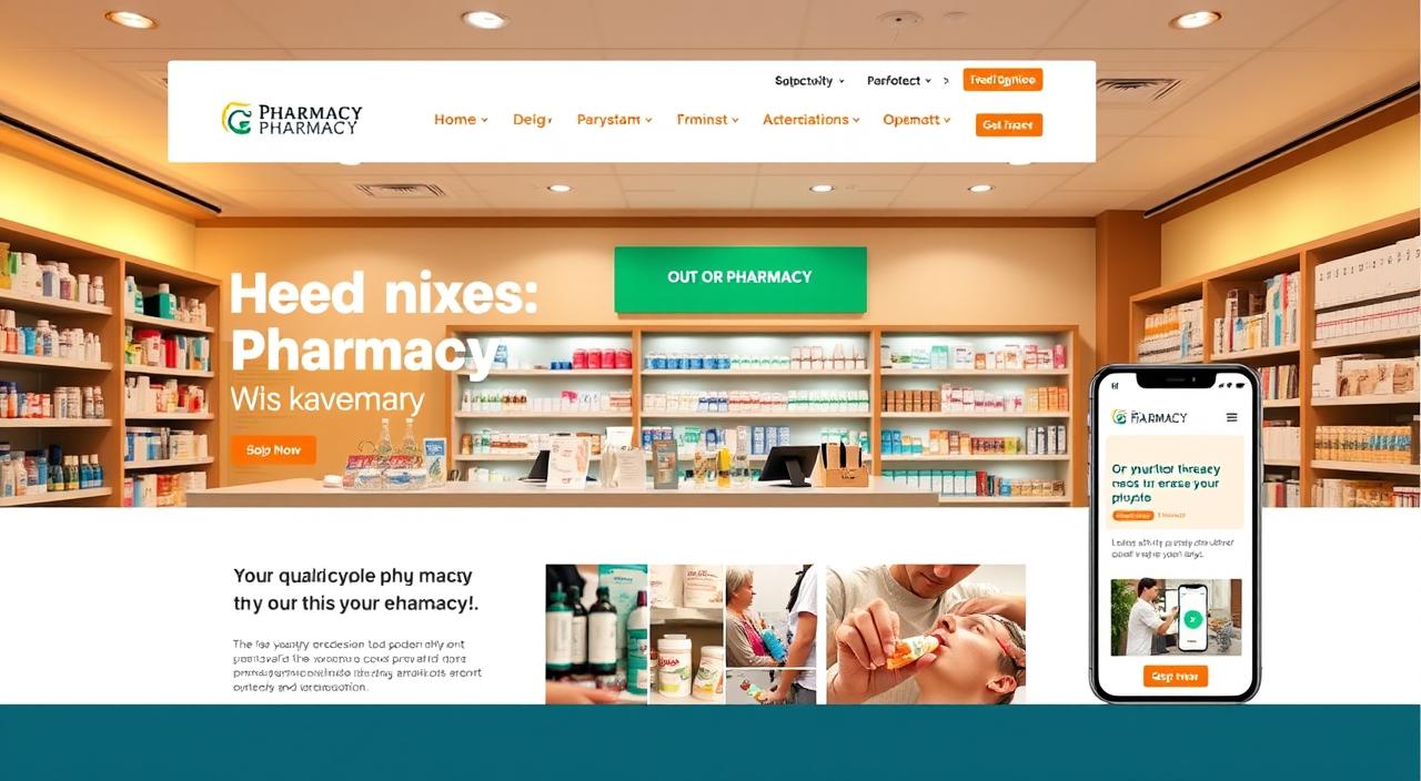 A responsive website for a pharmacy, featuring a clean, modern design with a warm, inviting atmosphere. The layout showcases prominent product displays, easy-to-navigate menus, and intuitive user interactions optimized for desktop, tablet, and mobile devices. Warm lighting illuminates the interior, creating a sense of professionalism and trustworthiness. High-quality product images and icons are strategically placed, drawing the user's attention to key services and offerings. The overall aesthetic is balanced, showcasing the pharmacy's attention to detail and dedication to providing a seamless digital experience for its customers.