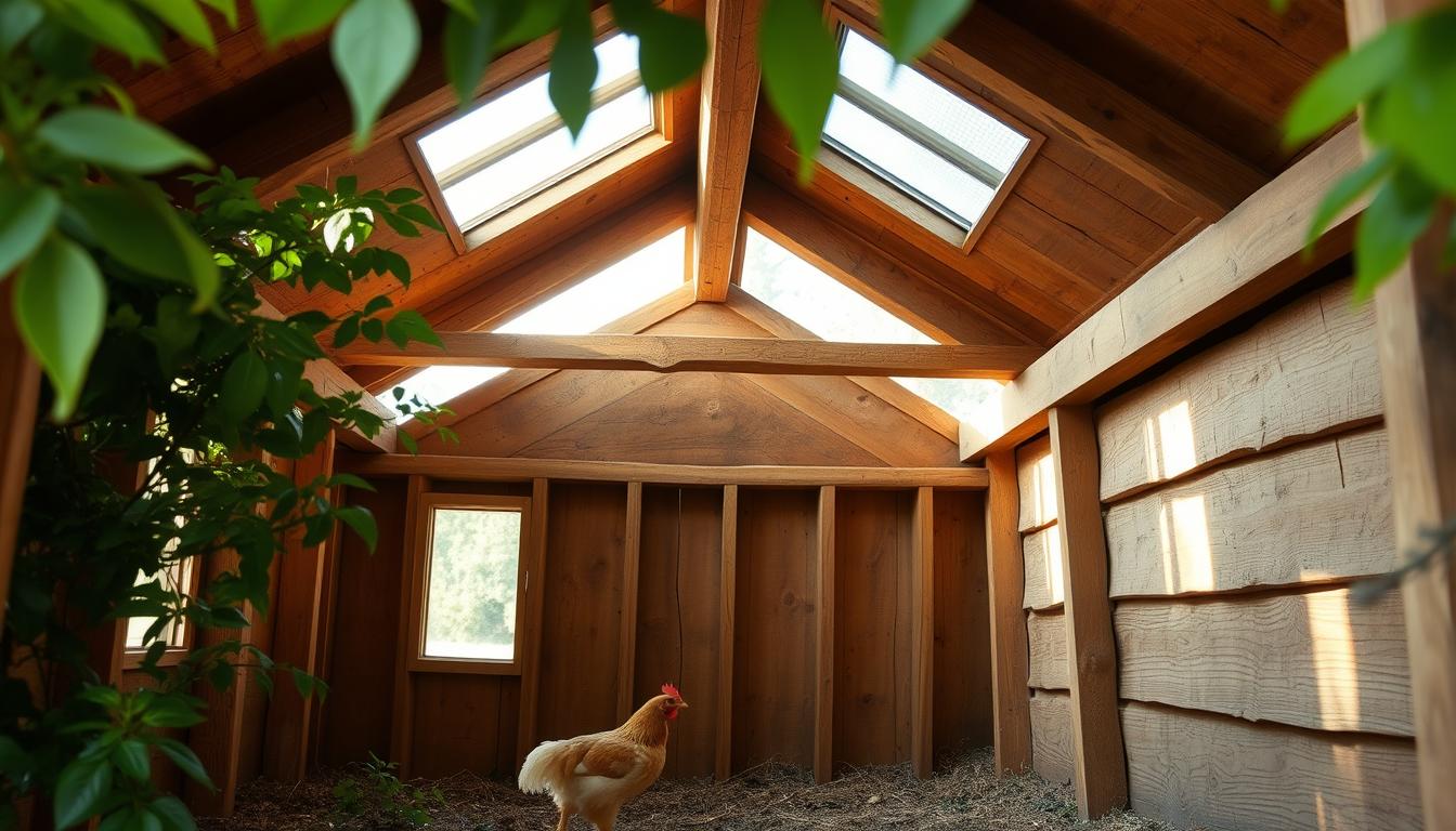 A well-lit, detailed interior view of a traditional chicken coop, showcasing its rustic construction and essential features. The coop is made of sturdy wooden beams, with a slanted roof and openings for ventilation. Lush greenery surrounds the coop, creating a harmonious pastoral scene. The lighting is soft and natural, highlighting the textures of the wood and the tranquil atmosphere. The coop's design prioritizes the comfort and safety of the chickens, with thoughtful considerations for their needs. The composition emphasizes the importance of properly constructing a chicken coop to provide a healthy, secure environment for the birds.