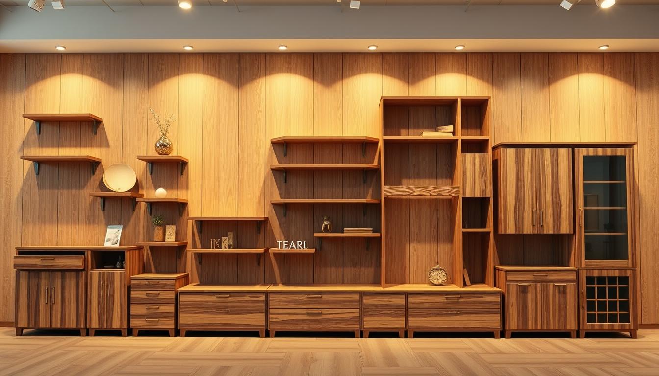 A highly detailed and photorealistic wooden wall showcase display in a warm, well-lit showroom setting. The showcase features an assortment of beautifully crafted wooden shelves, cabinets, and storage units, showcasing the natural grains and textures of the wood. The lighting creates a cozy, inviting ambiance, highlighting the craftsmanship and quality of the wooden furniture pieces. The background is a minimalist, neutral-toned wall, allowing the wooden showcase to take center stage. The camera angle provides a wide, comprehensive view of the display, capturing the depth and dimensionality of the showcase design.