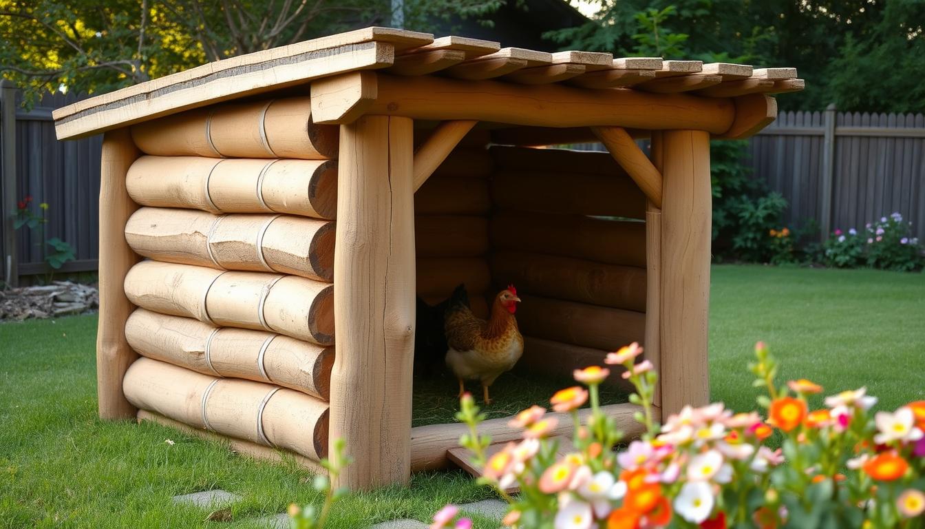 A rustic, handcrafted chicken coop made from natural wooden beams and planks. The structure has a simple, functional design with a slanted roof and an open side to allow the chickens to freely move in and out. The coop is situated in a lush, verdant backyard setting, with a vibrant green lawn and flowering plants in the foreground. Warm, soft lighting illuminates the scene, casting a cozy, inviting atmosphere. The image captures the charm and practicality of building a chicken coop using traditional materials and methods, highlighting the benefits of this sustainable, eco-friendly approach.