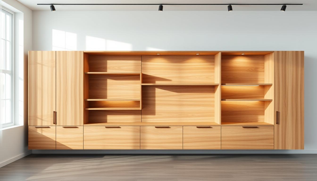 a large, modern wooden wall showcase design in a minimalist, Scandinavian style, set against a bright, airy background with natural light streaming in from the side. The showcase features clean lines, a sleek rectangular shape, and a mix of light and dark wood tones. The design incorporates smart storage solutions, with hidden compartments and shelves. The overall atmosphere is one of simplicity, functionality, and timeless elegance, reflecting the latest trends in contemporary wood furniture and home decor for the year 2025.