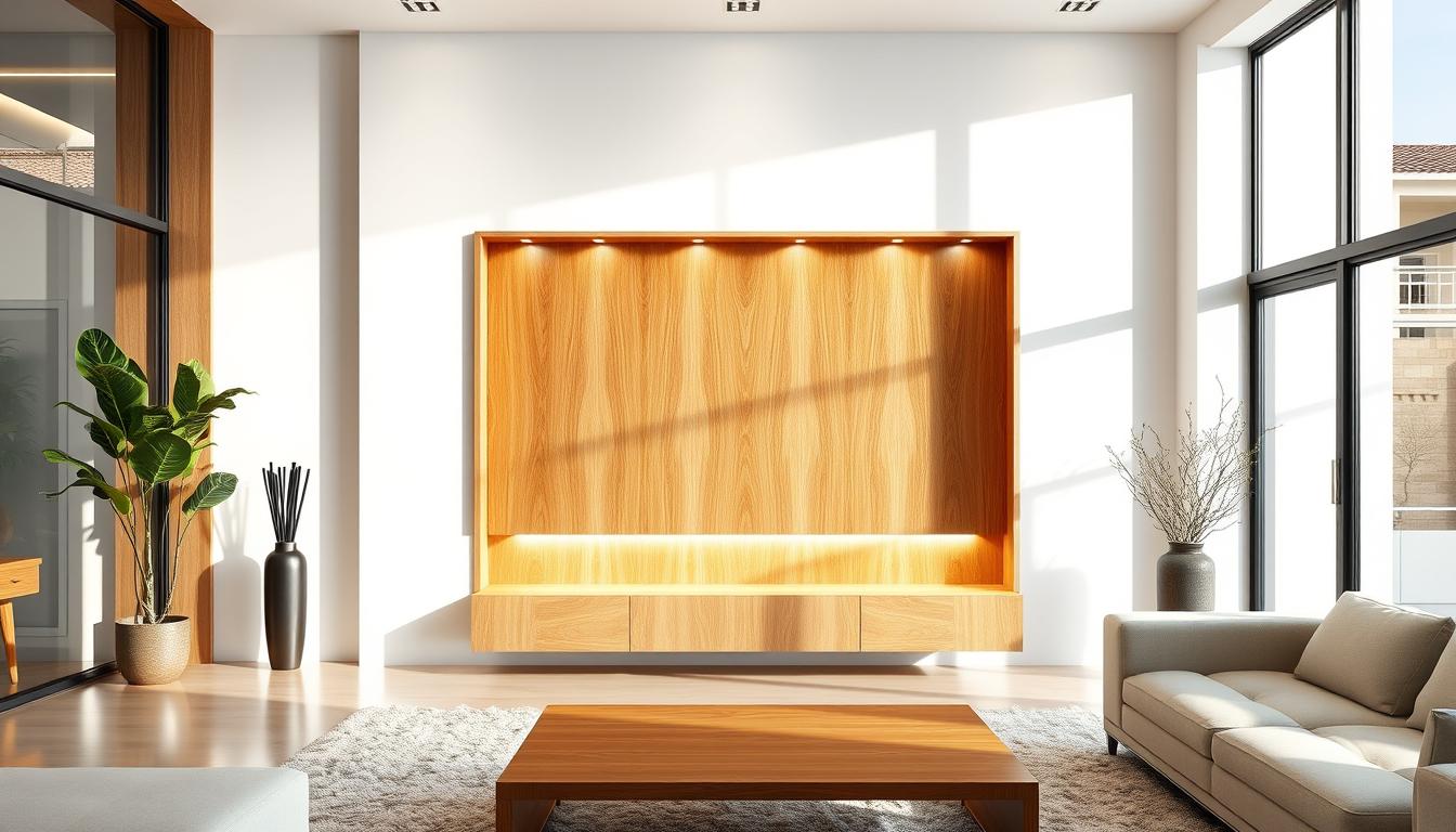 A modern and elegant wooden wall showcase set against a bright, airy interior. The showcase features a sleek, minimalist design with clean lines and a natural wood finish, complementing the contemporary aesthetic of the room. Soft, diffused lighting gently illuminates the display, highlighting the warm tones and intricate grain patterns of the wood. The showcase is positioned as the centerpiece of the room, drawing the eye and serving as a functional yet visually striking design element. The overall atmosphere is one of sophistication and understated luxury, perfectly suited for a high-end, contemporary living space.