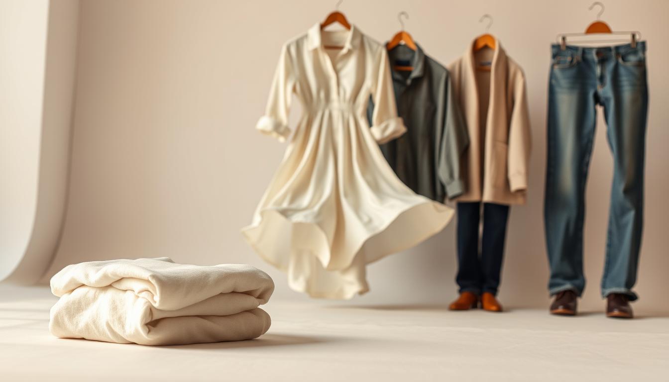 A well-lit studio scene showcasing the diverse applications of ringspun cotton apparel. In the foreground, a carefully folded t-shirt, its soft texture and subtle sheen evident. In the middle ground, a flowing dress with delicate draping, the ringspun fibers creating a luxurious, fluid movement. Behind, an array of stylish garments - a crisp button-down shirt, a cozy sweater, and a pair of durable yet comfortable jeans. The lighting is warm and natural, highlighting the natural luster and durability of the ringspun cotton. The overall mood is one of refined elegance and versatility, perfectly capturing the unique properties of this premium textile.