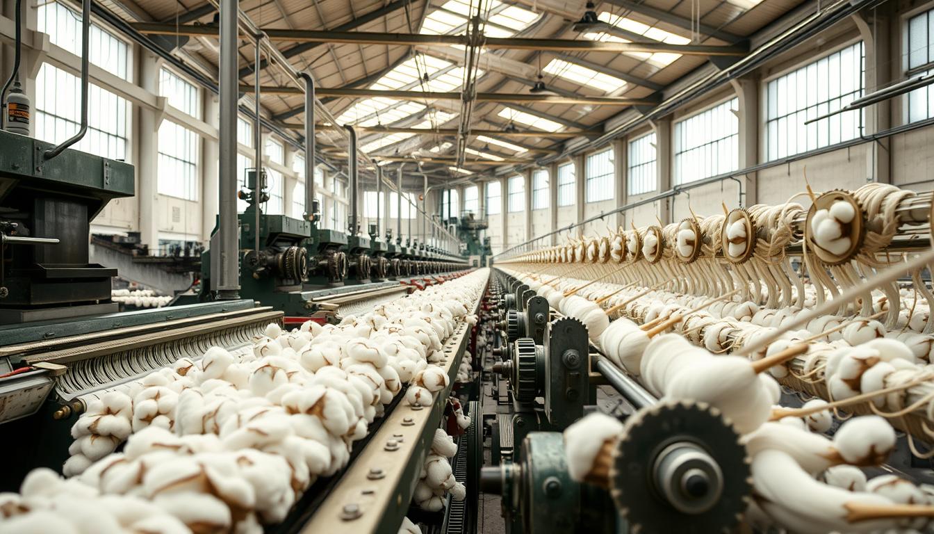 A modern cotton mill interior, filled with the rhythmic hum of machinery. In the foreground, a ringspun cotton yarn production line, where the fibers are meticulously twisted and spun with precision. Intricate gears and pulleys guide the cotton through various stages, creating a visually captivating industrial landscape. The middle ground showcases the cotton being fed into the machines, while the background reveals the larger context of the factory, with high ceilings, exposed beams, and abundant natural light streaming through large windows. The atmosphere is one of efficiency, craftsmanship, and the transformation of raw materials into a versatile, high-quality textile.