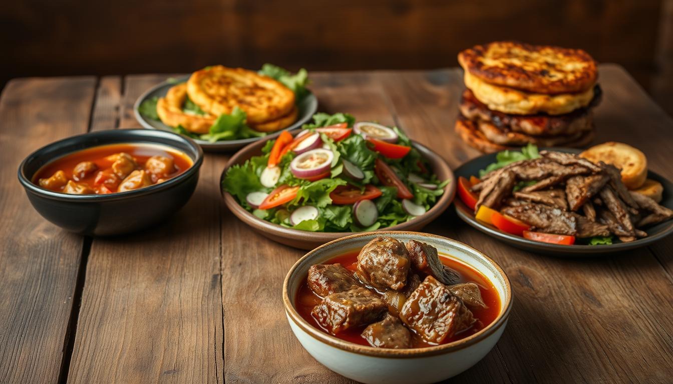 A rustic wooden table, its surface adorned with a variety of leftover chip steak dishes. In the foreground, a hearty bowl of chip steak stew, its rich broth simmering with tender chunks of meat and aromatic vegetables. Beside it, a stack of crispy chip steak fritters, their golden-brown exteriors inviting a satisfying crunch. In the middle ground, a colorful salad featuring thin strips of seared chip steak, tossed with fresh greens, juicy tomatoes, and a tangy vinaigrette. The background is softly lit, casting a warm glow over the scene, creating an appetizing and comforting atmosphere. The overall mood is one of culinary creativity and resourcefulness, showcasing the versatility of leftover chip steak.