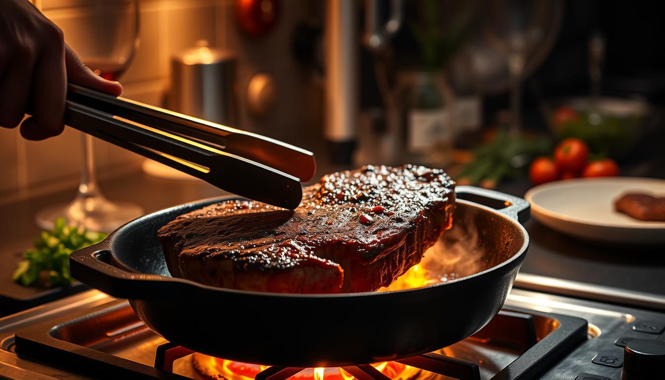 A dimly lit kitchen interior, with warm lighting casting a soft glow over a sizzling cast-iron pan on the stovetop. A tender, juicy shell steak sears to a perfect golden-brown crust, its savory aroma filling the air. The steak is expertly handled by a skilled chef, using tongs to carefully turn and baste it, ensuring an even cook. In the background, a glass of red wine and a selection of fresh herbs and seasonings suggest an elevated, refined culinary experience. The scene conveys a sense of focus, precision, and the reverence for the craft of cooking.
