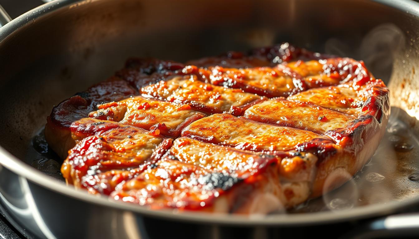 A stainless steel pan sizzles with golden brown chip steak, its edges crisped to perfection. The meat sizzles and crackles, releasing an aroma of savory seasoning. Droplets of rendered fat glisten on the surface, signaling the ideal temperature. A bright light from the side casts dramatic shadows, highlighting the steak's rich marbling. The pan is tilted slightly, revealing the crust forming on the underside. The composition is framed to showcase the cooking technique, with enough negative space to keep the focus on the sizzling steak. An atmosphere of culinary anticipation pervades the scene.