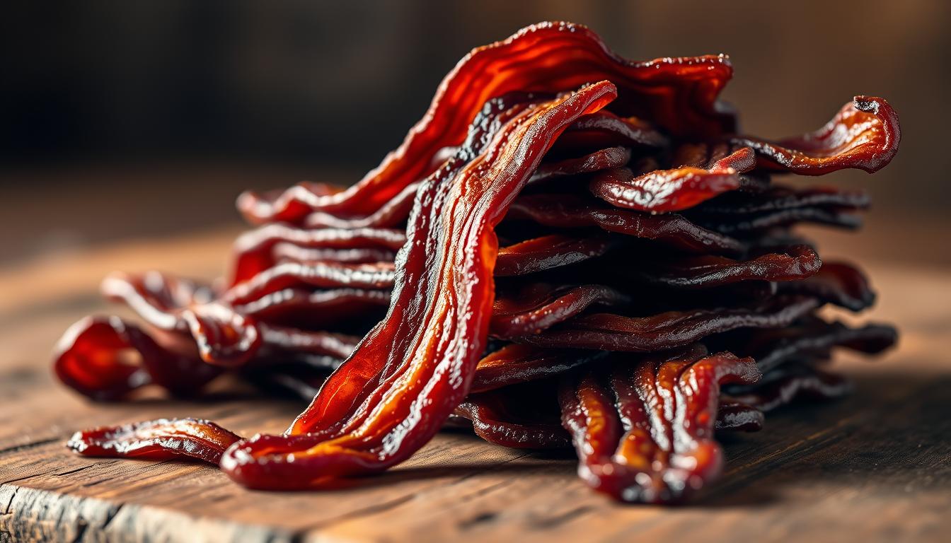 A close-up shot of a stack of sliced smoked bacon jerky, each piece glistening with a rich mahogany hue and a captivating texture. The jerky is arranged artfully on a rustic wooden surface, illuminated by soft, warm lighting that casts subtle shadows and highlights the intricate striations of the meat. The background is blurred, allowing the jerky to take center stage, inviting the viewer to imagine the savory, slightly sweet, and smoky flavors. The overall composition conveys a sense of artisanal craftsmanship and the mouthwatering allure of this beloved snack.