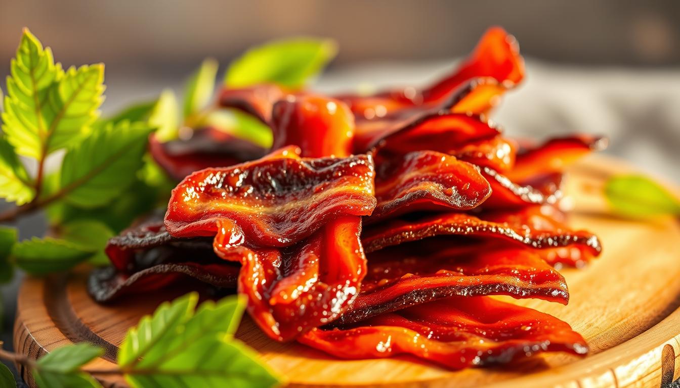 A close-up shot of fresh, homemade bacon beef jerky slices arranged on a rustic wooden board. The jerky slices are glistening with natural oils, their rich, savory aroma filling the frame. In the background, vibrant green leaves and a soft, hazy blur create a serene, natural backdrop. The lighting is warm and flattering, highlighting the intricate texture and deep color variations of the jerky. The composition emphasizes the wholesome, nutritious qualities of this homemade delicacy, inviting the viewer to appreciate its health benefits.