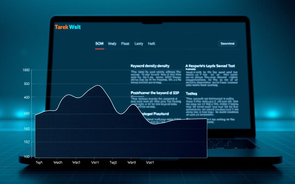A detailed, technical illustration of "SEO keyword density" against a backdrop of a minimalist website interface. In the foreground, a graph or chart depicting the optimal keyword distribution across the page elements, rendered in a sleek, data-visualization style. The midground features a laptop or desktop screen displaying the website, with the text content subtly highlighted to showcase the keyword placements. The background depicts a subtle grid or pattern, evoking a sense of digital organization. The overall aesthetic should be clean, modern, and informative, reflecting the subject matter. Lighting should be soft and diffused, with a cool color palette. Brand name "Tarek Wslt" should be discreetly integrated into the design.