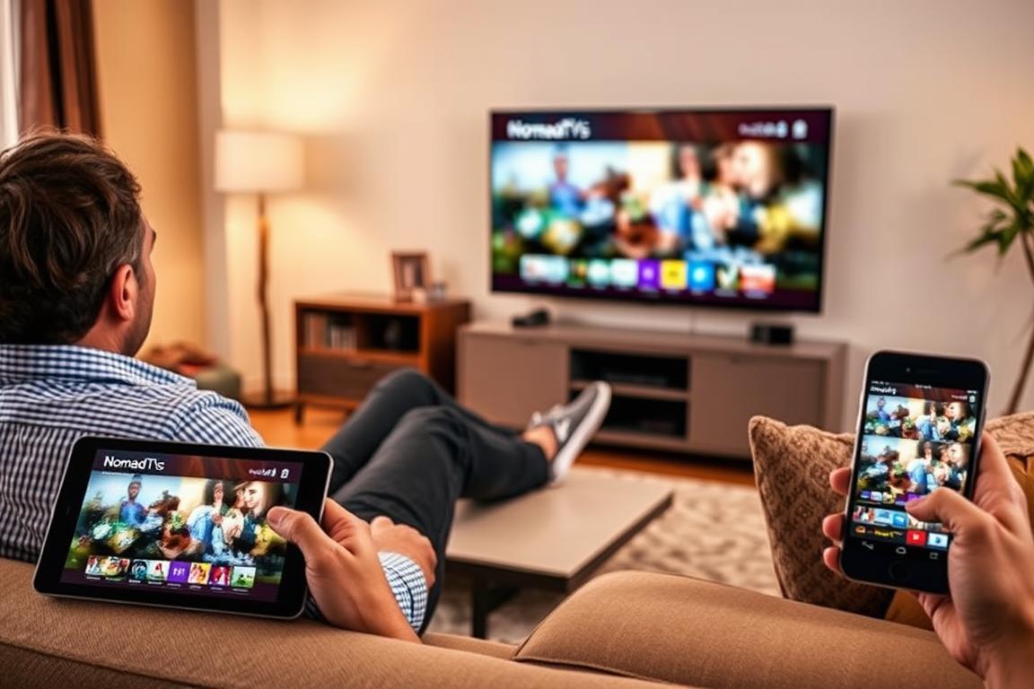 1 Year IPTV Subscription 3 Person enjoying NomadTVs IPTV on multiple devices including TV, tablet, and smartphone