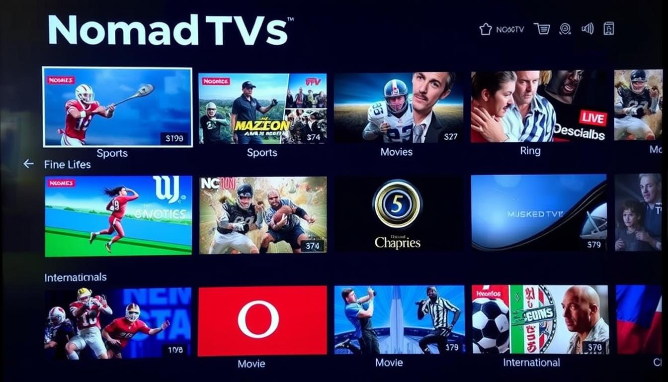 1 Year IPTV Subscription 2 NomadTVs IPTV streaming interface showing multiple live channels and on-demand content