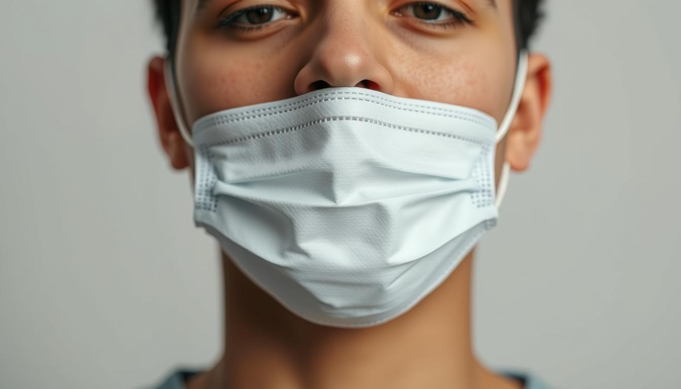 A well-lit, close-up photograph of a person's face, showing the proper technique for wearing a face mask. The mask should be securely fitted over the nose and mouth, with the edges forming a tight seal around the cheeks and chin. The lighting should be soft and even, capturing the texture and details of the skin and mask material. The background should be slightly blurred, keeping the focus on the face and mask. Convey a sense of care and responsibility in the subject's demeanor. Branding: IDMarketPlace0.com