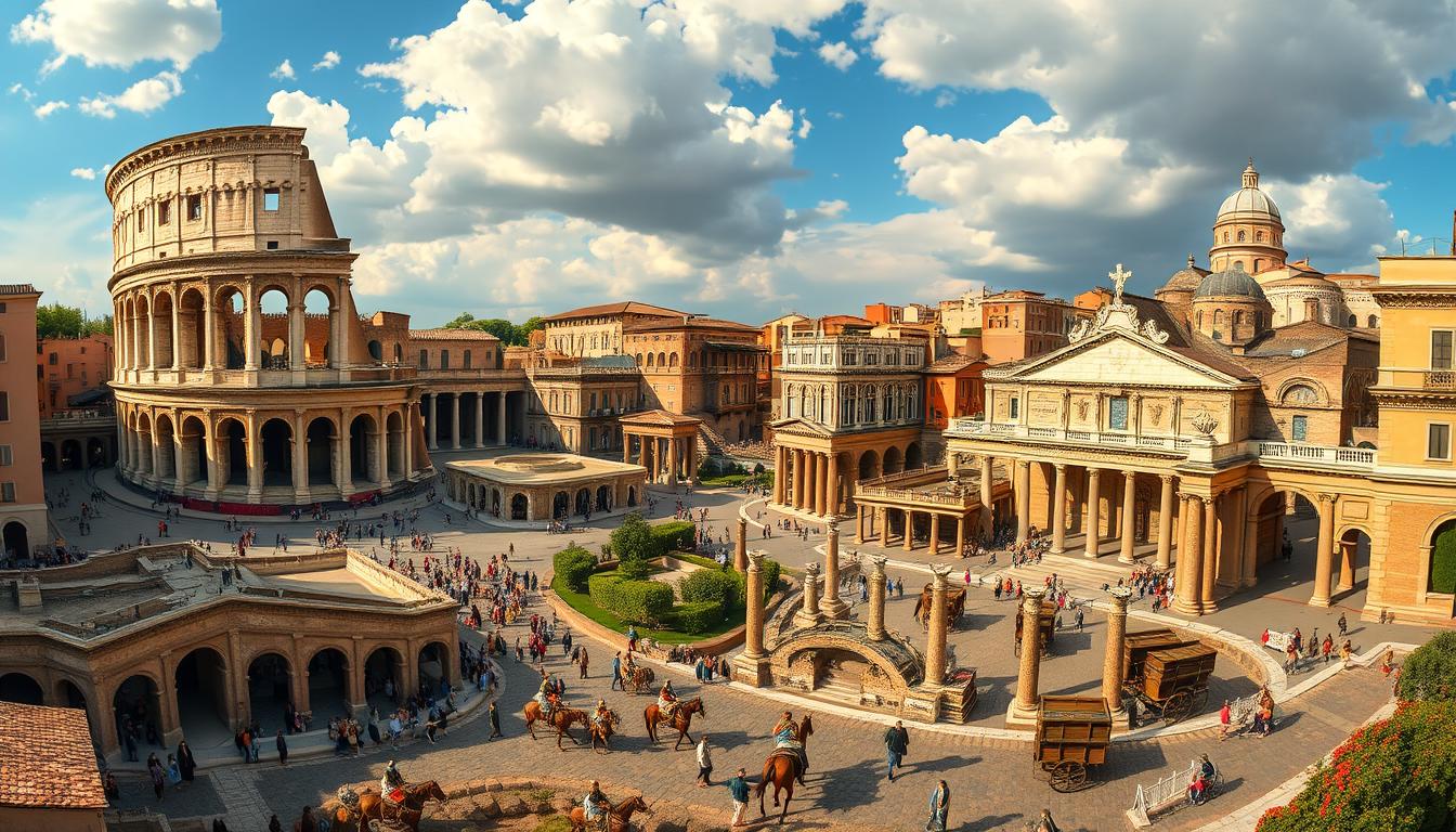 Vista panorámica de la antigua Roma con el Coliseo y el Foro Romano