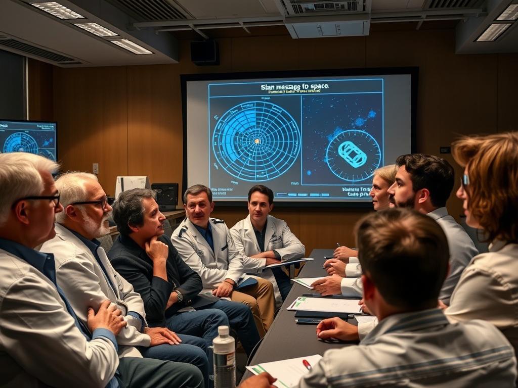 Científicos debatiendo sobre los riesgos de enviar mensajes al espacio