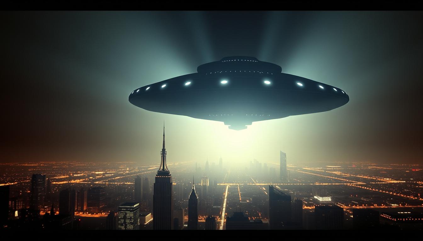 Escena icónica de la película Independence Day con una nave nodriza sobre una ciudad