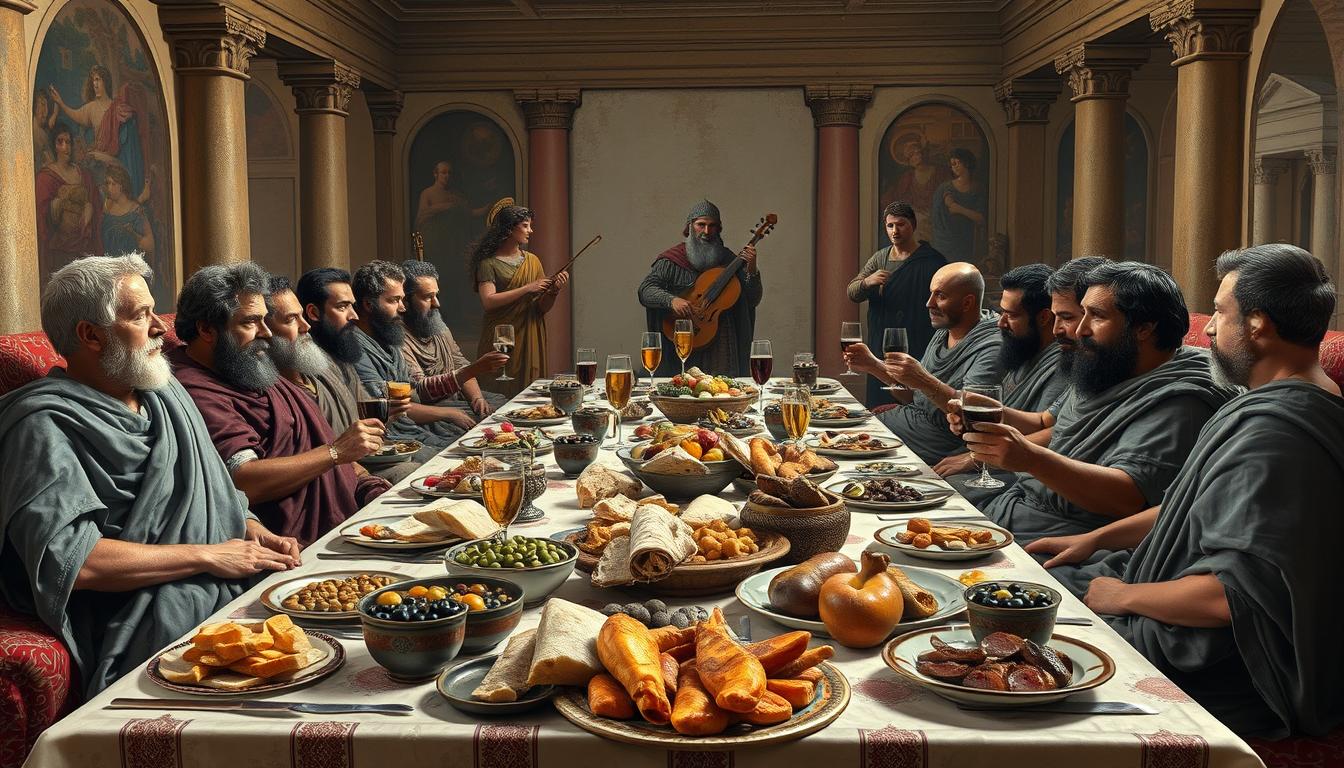 Banquete romano con diferentes alimentos y comensales reclinados