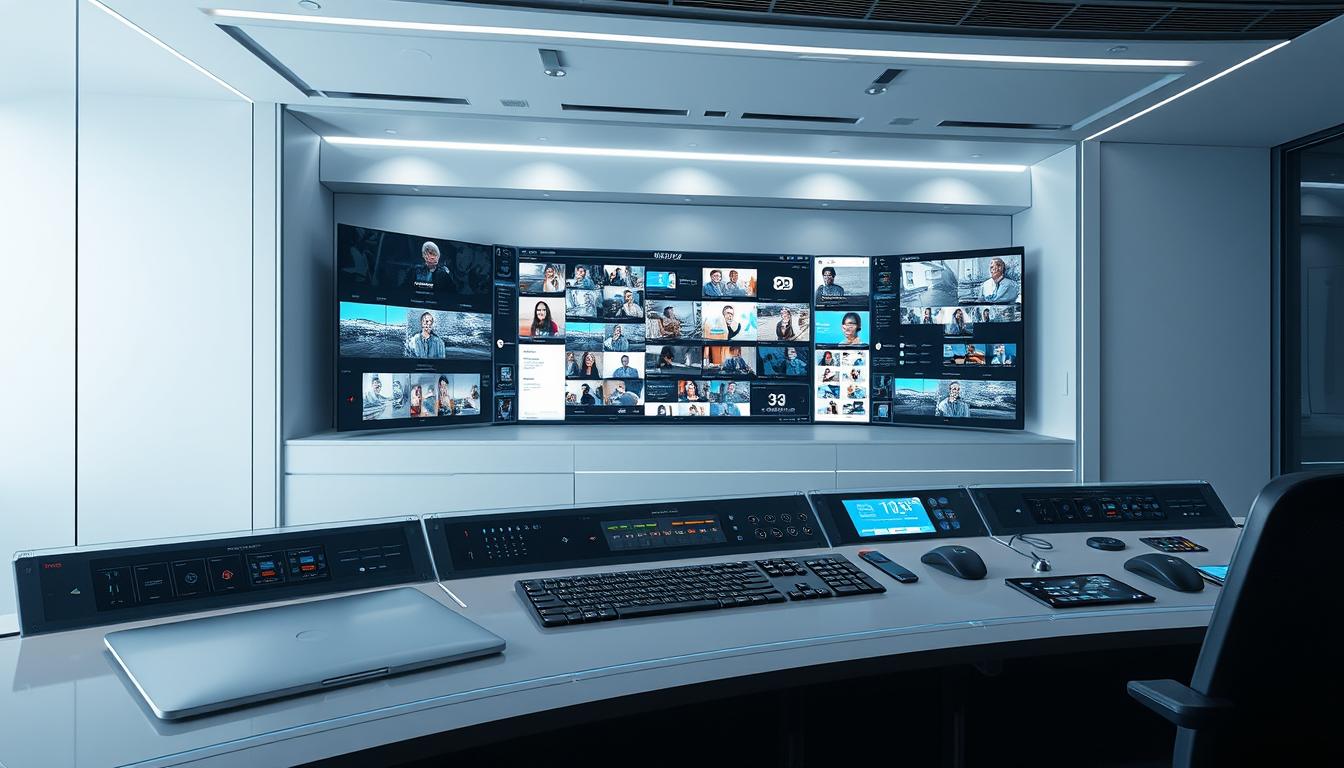 A modern, minimalist media control center with sleek glass panels and holographic displays. The foreground features various input/output connections and intuitive gesture-based controls. The middle ground showcases a dynamic, multi-window interface for managing content across multiple channels. The background has a clean, futuristic aesthetic with subtle lighting accents, projecting an air of technological sophistication. The overall scene conveys the idea of a comprehensive, cross-platform media management solution for news software, with an emphasis on efficiency, flexibility, and cutting-edge design.