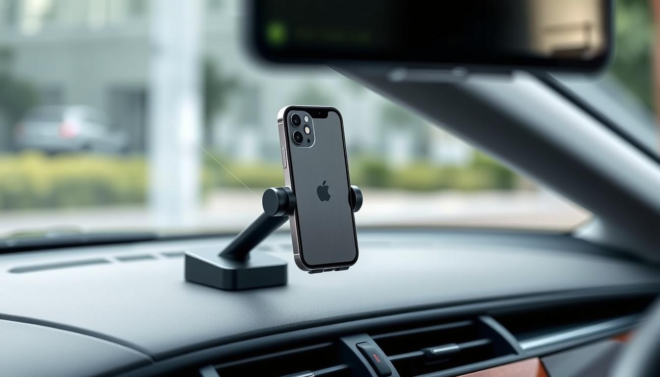 Ultimate iPhone 11 Accessories Guide 2025: Best Screen Protectors, Cases, and Must-Have Add-ons 6 A sleek, minimalist iPhone 11 car mount, crafted with premium brushed aluminum, sits securely mounted on the dashboard of a modern sedan. The mount's adjustable ball-joint mechanism allows for smooth, effortless positioning of the phone, ensuring a clear, unobstructed view of the screen. Subtle LED indicator lights give visual confirmation of a secure connection. The mount's slim profile blends seamlessly with the car's interior, complementing the iPhone 11's elegant design. Soft, rubberized grips provide a firm hold on the device, preventing any unwanted movement during driving. Precision-engineered for stability and convenience, this car mount is the ultimate accessory for the on-the-go iPhone 11 user.