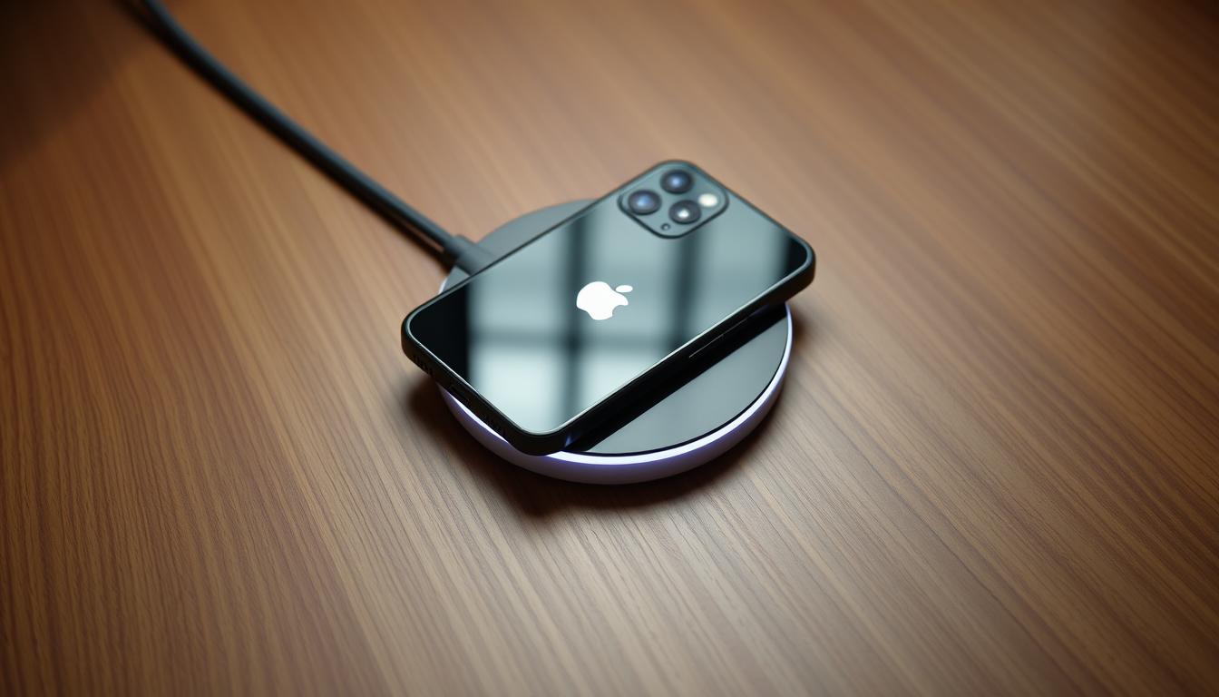 Ultimate iPhone 11 Accessories Guide 2025: Best Screen Protectors, Cases, and Must-Have Add-ons 5 A sleek and modern iPhone 11 resting on a wireless charging pad, bathed in soft, warm lighting that highlights the device's premium design. The charging pad is positioned on a minimalist, wood-grain surface, creating a clean and sophisticated backdrop. The iPhone's glossy midnight-black finish reflects the lighting, giving it a subtle sheen. The scene conveys a sense of effortless charging, showcasing the convenience and efficiency of this must-have iPhone 11 accessory.