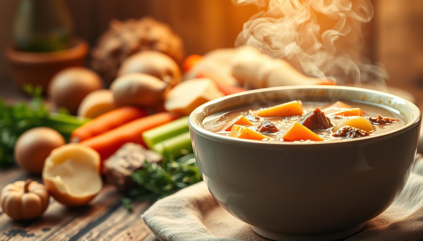 Beef Potato Soup: How to Make It Cozy & Delicious 3 A vibrant and visually appealing image depicting the health benefits of a hearty beef potato soup. In the foreground, a steaming bowl of the soup, showcasing its rich, creamy texture and vibrant root vegetables. In the middle ground, an assortment of nutritious ingredients such as potatoes, carrots, celery, and tender beef chunks, highlighting the soup's wholesome and nourishing qualities. The background features a soft, warm-toned setting, with gentle lighting casting a cozy and comforting atmosphere. The overall composition conveys the idea of a comforting, nutritious, and delicious soup that can provide numerous health benefits to the viewer.