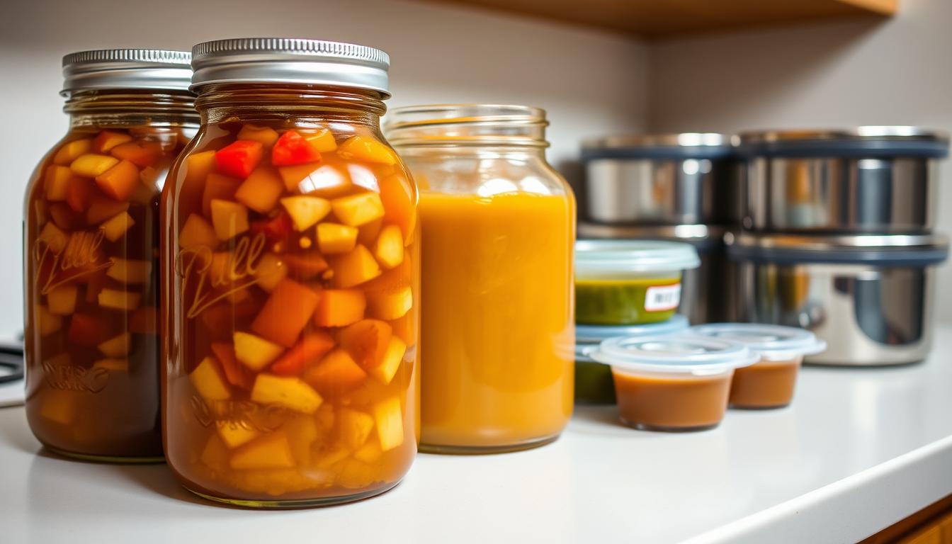 Busy Day Soup: Best Simple & Satisfying Family Meal 3 A brightly lit kitchen counter, neatly organized with various containers of homemade soup. In the foreground, a stack of wide-mouth glass jars filled with rich, aromatic broth and chunky vegetables, their lids sealed tight. The middle ground showcases a row of small plastic containers, each labeled with the soup variety and date. In the background, a set of sleek stainless-steel storage containers, their lids gleaming, ready to be filled and refrigerated for quick and easy meals on busy weeknights. The lighting is soft and even, casting a warm glow over the organized display, conveying a sense of preparation and efficiency for the "Busy Day Soup" recipe.