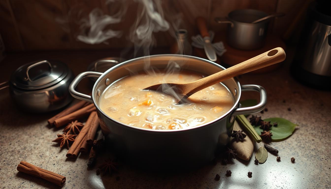 Beef Potato Soup: How to Make It Cozy & Delicious 2 A cozy kitchen countertop, dimly lit by warm, soft lighting. In the center, a large pot of simmering beef potato soup, steam rising gently. Surrounding the pot, an array of whole spices - fragrant cinnamon sticks, star anise, whole cloves, and bay leaves - arranged artfully. A wooden spoon rests in the soup, ready to stir and release the blend of flavors. The scene evokes a sense of anticipation, as the aromas of the spices mingle and deepen the savory, comforting essence of the soup. The overall mood is one of culinary exploration and the promise of a nourishing, flavorful meal.