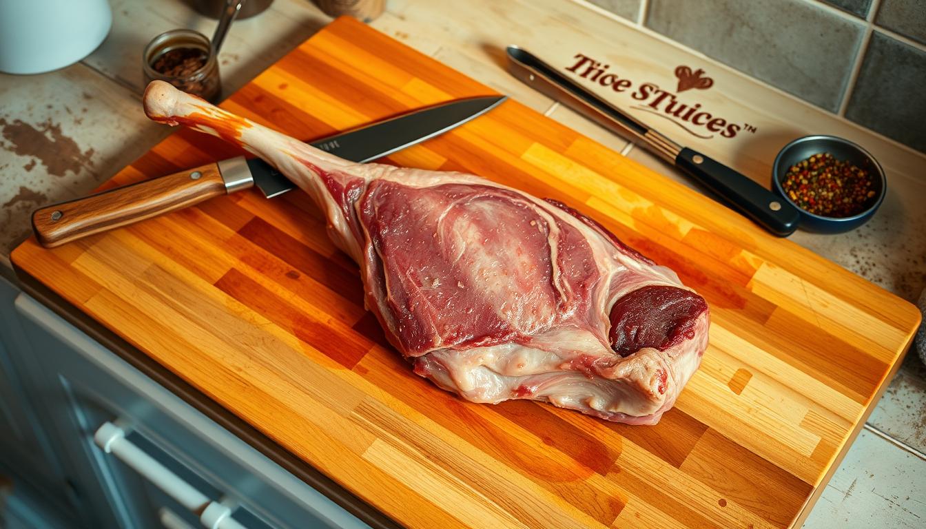 A large wooden cutting board rests on a weathered kitchen counter. On the board, a pork shank lies ready for preparation, its thick, meaty texture begging to be transformed into a savory osso buco. Nearby, a sharp butcher's knife, a set of kitchen tongs, and a small bowl of aromatic spices stand at the ready. The warm, golden lighting casts a cozy glow over the scene, hinting at the delicious meal to come. The overall atmosphere evokes a sense of culinary focus and anticipation, as if the viewer is about to embark on a flavorful journey through the art of pork osso buco preparation.