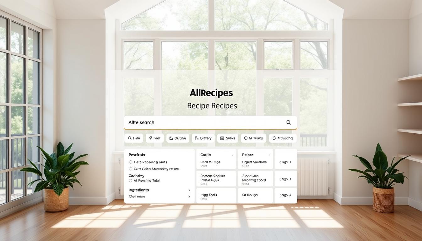 A modern, minimalist interface for the Allrecipes recipe search, bathed in natural light from large windows. In the center, a clean search bar invites the user to explore a vast database of culinary delights. Surrounding it, neatly organized filtering options allow precise refinement of results by cuisine, dietary needs, ingredients, and more. The overall layout is intuitive and visually appealing, guiding the home cook towards their perfect recipe with ease. A neutral color palette of whites, grays, and wood tones creates a calm, focused atmosphere, perfect for finding inspiration for the next meal.