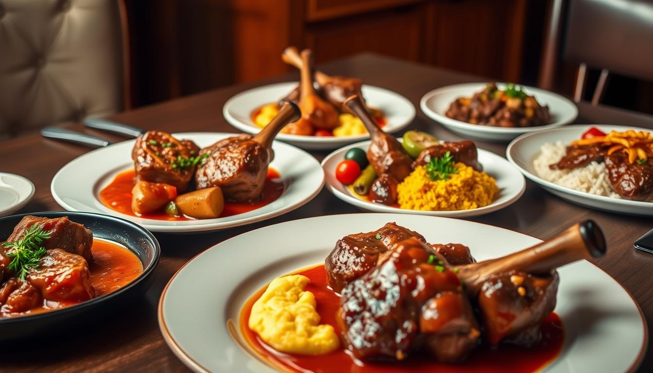 A table set with a variety of osso buco dishes, each with its own distinct flair. In the foreground, a classic pork osso buco braised in a rich, tomato-based sauce, garnished with gremolata and served over creamy polenta. Beside it, a lamb osso buco with a fragrant, herb-infused sauce, accompanied by roasted vegetables. In the middle ground, a vibrant osso buco alla Milanese, the veal shanks cooked to perfection and surrounded by saffron-infused risotto. In the background, a fusion-inspired variation, featuring slow-cooked beef osso buco in a bold, Asian-inspired marinade, served with steamed rice and pickled vegetables. Soft, warm lighting illuminates the table, creating an inviting and mouthwatering scene.