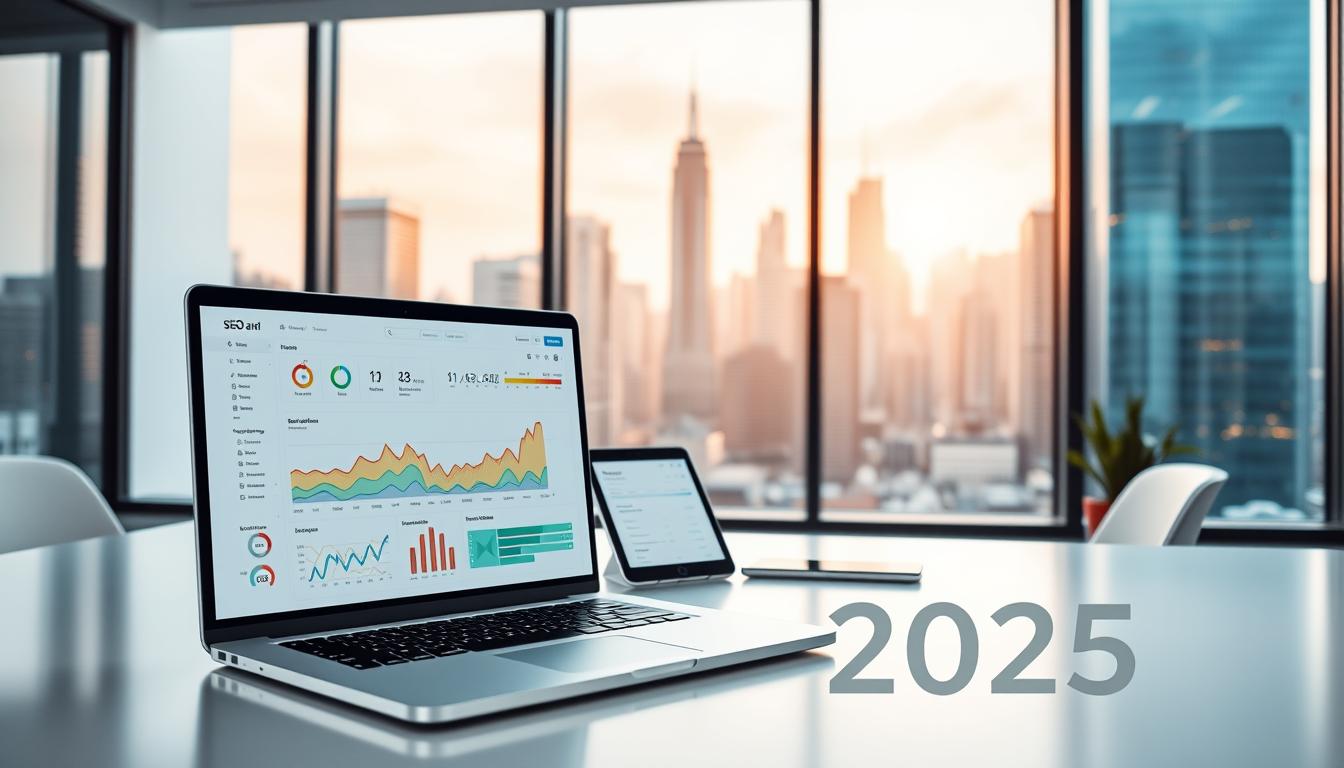 A modern office setting with sleek and minimalist design. In the foreground, a laptop display showcases a clean and intuitive SEO analytics dashboard, highlighting key metrics and insights. The middle ground features an array of digital devices, including a tablet, smartphone, and a high-resolution monitor, all connected and working in harmony. The background depicts a large window overlooking a bustling city skyline, bathed in warm, natural lighting that creates a calming and productive atmosphere. The overall scene conveys the idea of a powerful, yet streamlined SEO service that seamlessly integrates technology, data, and strategy to drive business success in the year 2025.