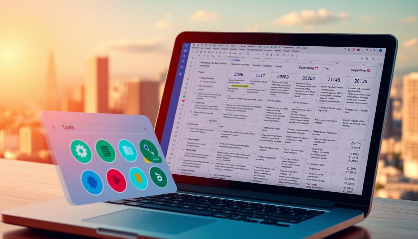 A vibrant, visually striking image showcasing the core techniques of on-page SEO optimization in 2025. In the foreground, a laptop screen displays a sleek, modern interface with intuitive SEO tools, their icons casting a soft glow. The middle ground features a spreadsheet with intricate data visualizations, insights into keywords, content structure, and technical fixes. In the background, a cityscape unfolds, representing the ever-evolving digital landscape businesses must navigate. Warm, natural lighting illuminates the scene, conveying a sense of productivity and forward momentum. The image should inspire confidence in the continued relevance and importance of on-page optimization strategies, even as the SEO landscape evolves.