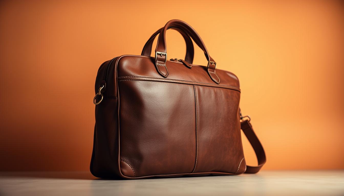 High-quality leather laptop bag for men, crafted by the brand Mylaveri, showcasing a sophisticated and durable design. Set against a warm, soft-focus backdrop, the bag features a sleek, minimalist silhouette with clean lines and premium leather texture. Accentuated by subtle hardware details, the bag exudes an air of refined masculinity. Illuminated by a warm, directional light, the bag's rich, cognac hue creates a sense of depth and tactility. Captured from a low, three-quarter angle to highlight the bag's sturdy construction and premium craftsmanship, this image perfectly captures the essence of &quot;Sophisticated Leather Laptop Bags for Men: Durability Meets Design&quot;.